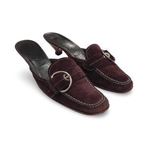 Vintage Prada Suede Mules Kitten Heels Brown Silver Buckle IT 37 US 7